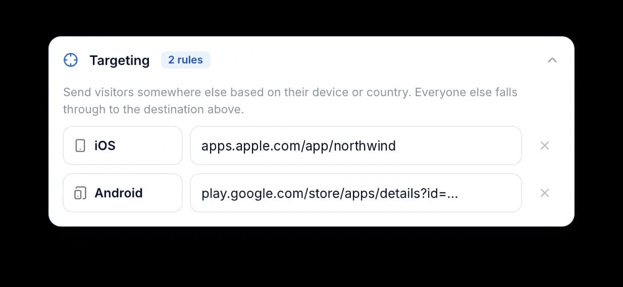 Panneau de ciblage avec deux règles, iOS vers l’App Store et Android vers Google Play