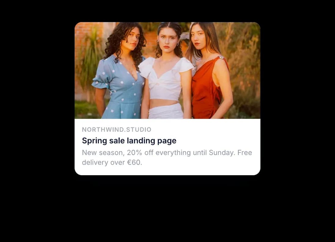 Aperçu de partage d’une page de destination de soldes de printemps, avec photo, titre et description