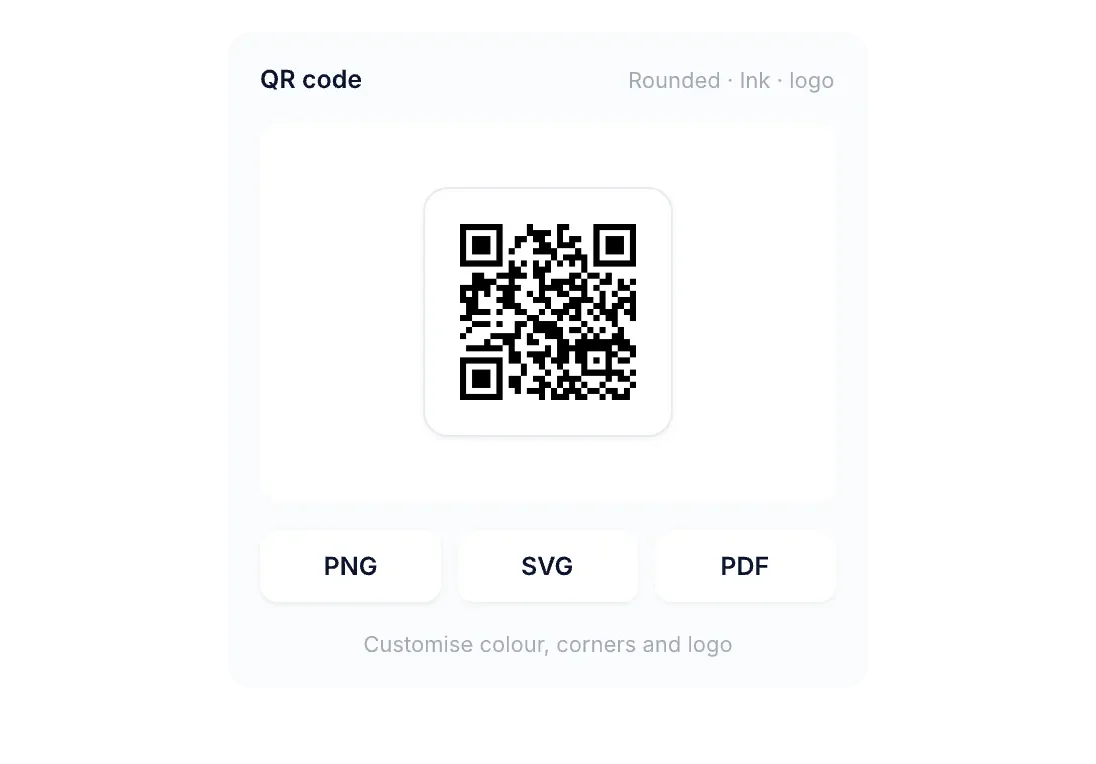 Carte d’un QR code aux modules arrondis, avec les boutons de téléchargement