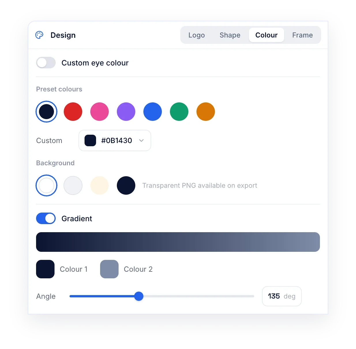 Panneau de personnalisation du QR code avec des couleurs prédéfinies, une couleur hexadécimale, des fonds et une option de dégradé