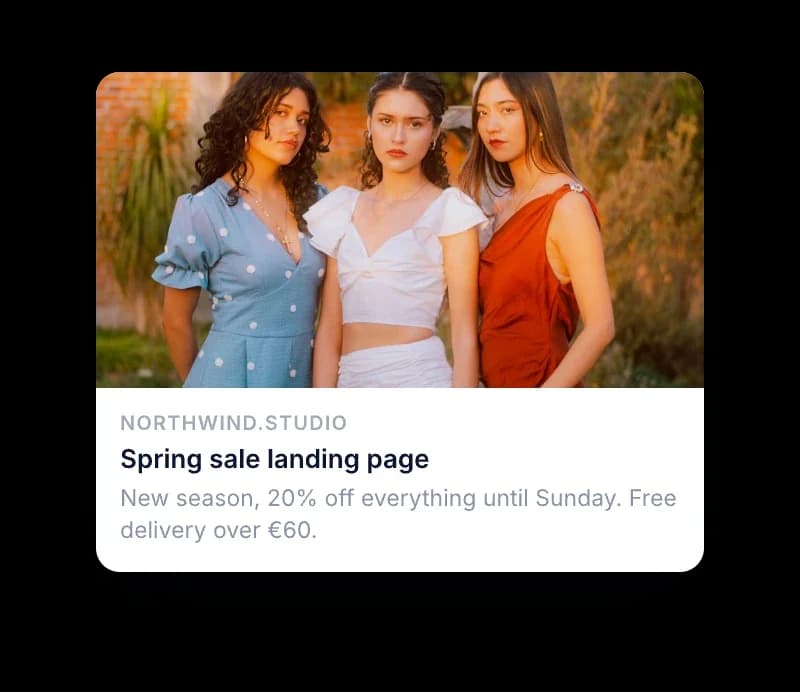 Aperçu de partage d’une page de destination pour des soldes de printemps, avec photo, titre et description
