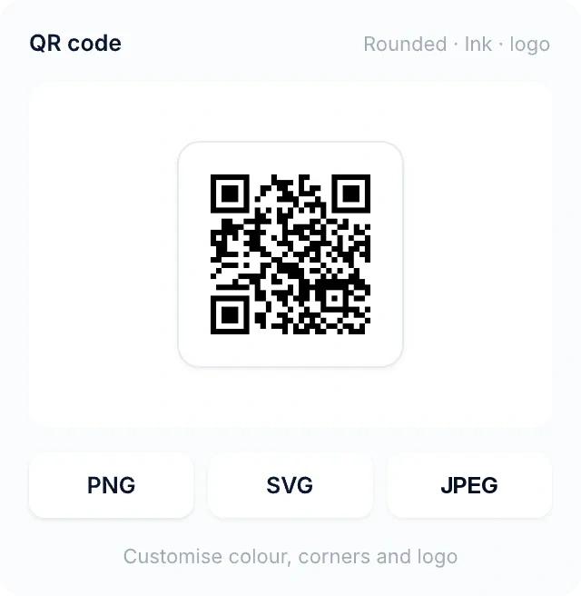 Carte d’un QR code aux modules arrondis avec les boutons de téléchargement PNG, SVG et PDF