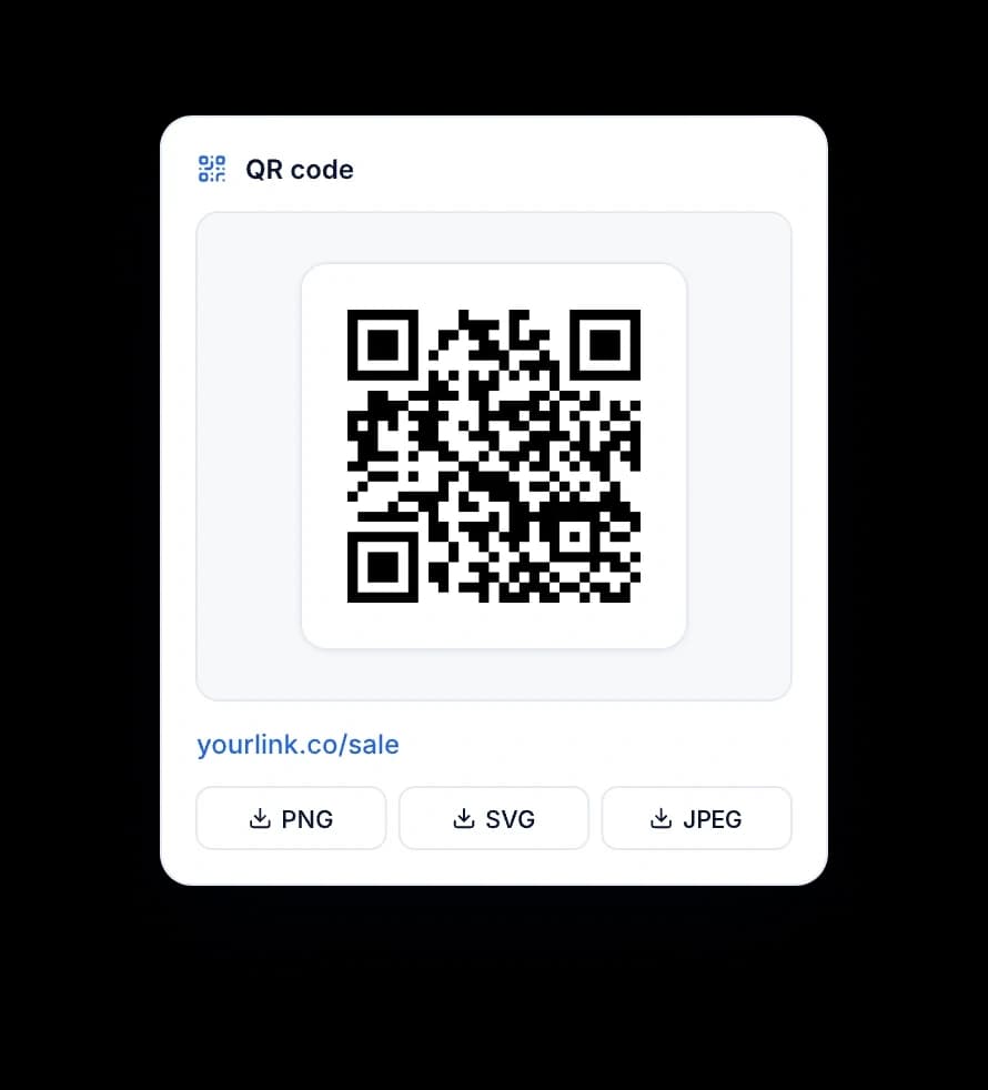 Carte d’un QR code avec son lien court et les boutons de téléchargement PNG, SVG et JPEG