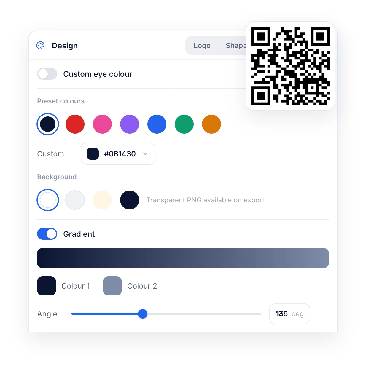 Panneau de design du QR code avec des couleurs prédéfinies, une couleur hexadécimale, des fonds et un dégradé, à côté d’un QR code personnalisé