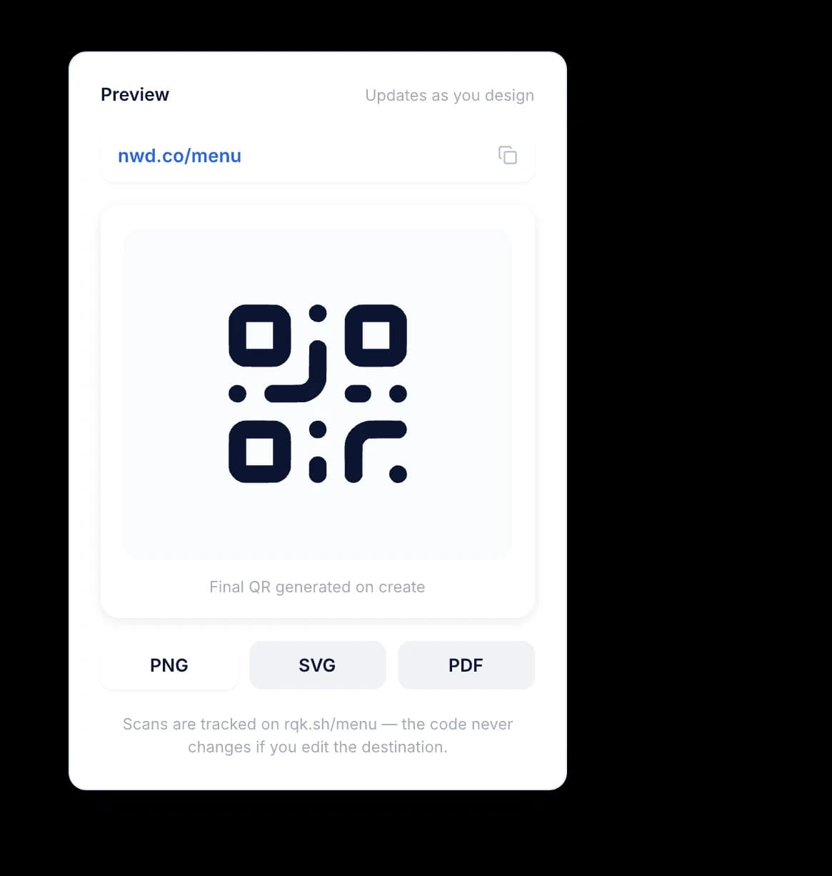 Panneau d’aperçu avec le lien court, un QR code personnalisé et les boutons de téléchargement PNG, SVG et JPEG
