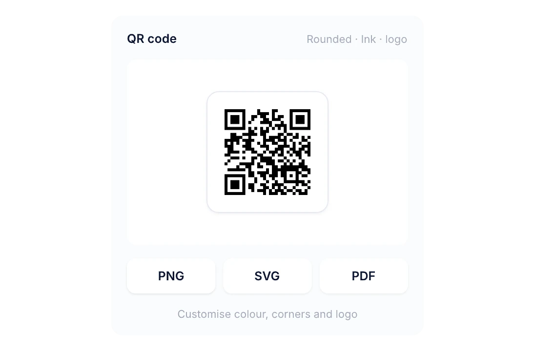 Carte d’un QR code aux modules arrondis, avec les boutons de téléchargement PNG, SVG et JPEG