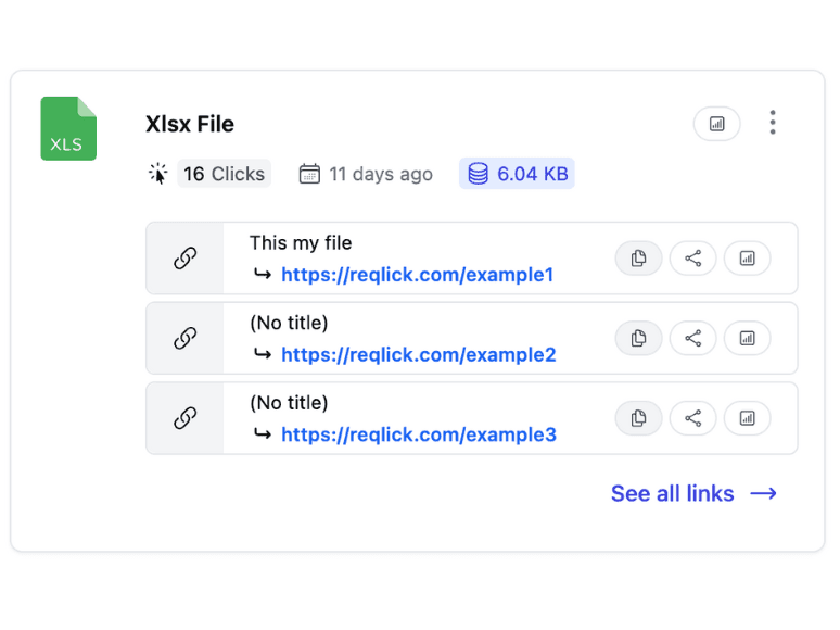 Reqlick dashboard card for an uploaded XLS file, showing 16 clicks, its file size and three trackable short links